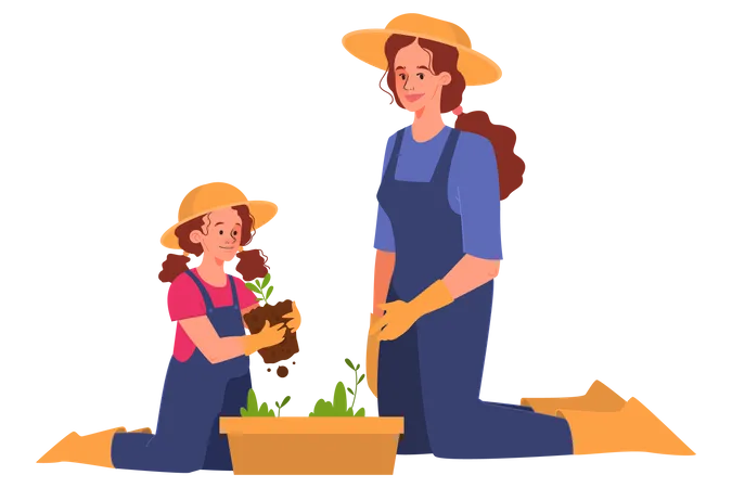 Glückliche Mutter und ihre Tochter im Garten  Illustration