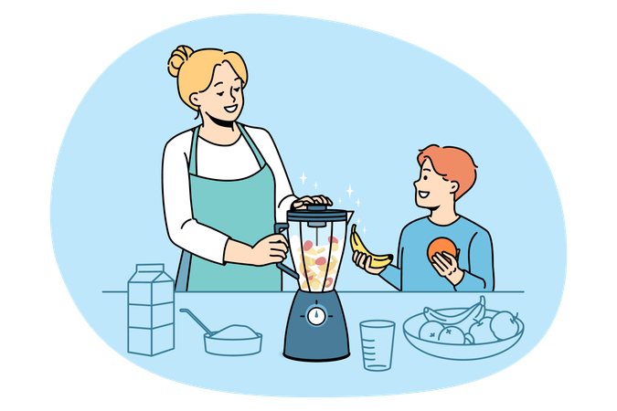 Glückliche Mutter und Sohn machen Frucht-Smoothie im Mixer  Illustration