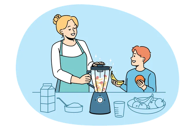 Glückliche Mutter und Sohn machen Frucht-Smoothie im Mixer  Illustration
