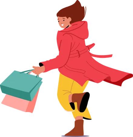 Glücklich, stilvoll, shopaholic, rennen, mit, einkaufstüten  Illustration