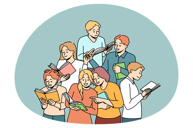 Fröhliche, vielfältige Schüler mit Büchern haben Spaß am gemeinsamen Lernen  Illustration