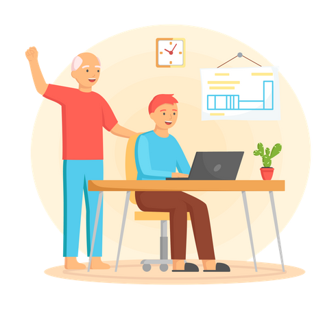 Glücklicher alter Mann sieht mit Junge Video auf Laptop  Illustration