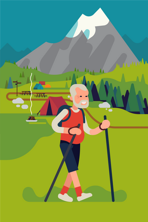 Glücklicher älterer Mann beim Wandern oder Trekking in den Bergen  Illustration