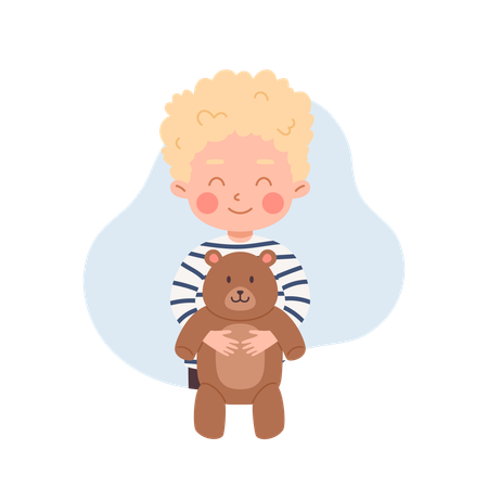Glücklicher blonder Junge umarmt Teddybär Spielzeug  Illustration