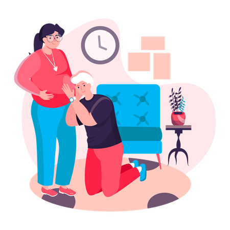 Glücklicher Ehemann kniet und hört Babygeräusche  Illustration