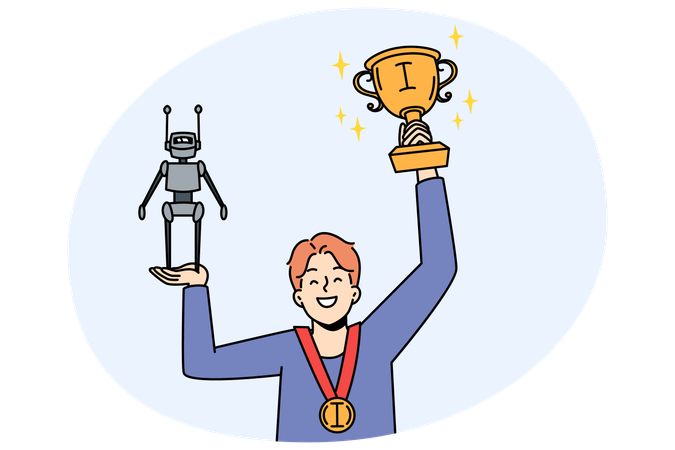 Glücklicher Junge, der einen Roboter in den Händen hält, gewinnt den Preis für die beste wissenschaftliche Entdeckung  Illustration