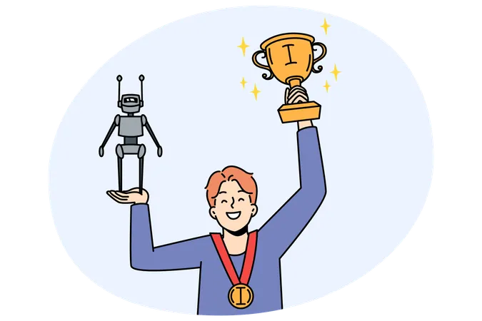 Glücklicher Junge, der einen Roboter in den Händen hält, gewinnt den Preis für die beste wissenschaftliche Entdeckung  Illustration