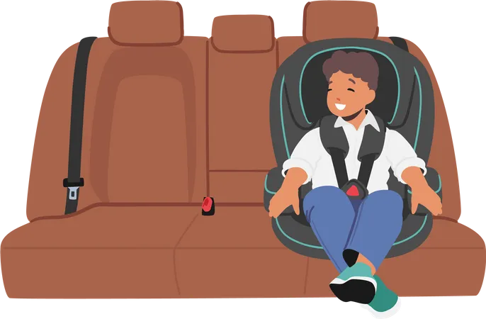 Fröhlicher Junge lächelt und sitzt in einem bequemen Stuhl für den Transport  Illustration