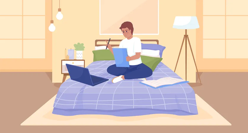 Glücklicher Junge erledigt seine Aufgabe bequem im Bett  Illustration