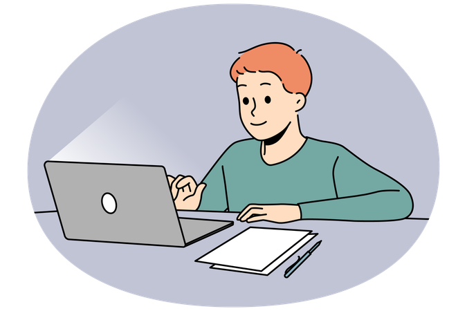 Glücklicher Junge sitzt am Schreibtisch und lernt online auf dem Laptop  Illustration