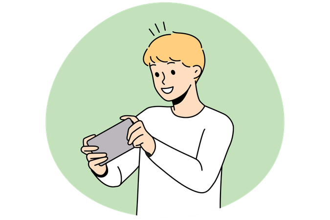 Glücklicher Junge spielt Online-Spiel auf dem Handy  Illustration