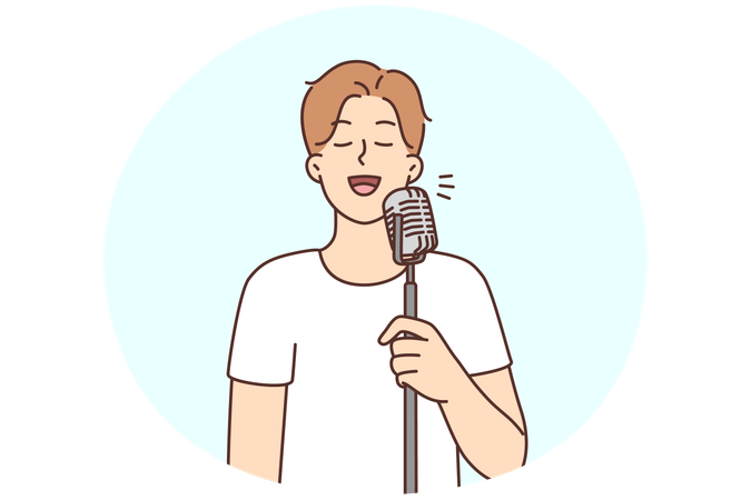Glücklicher junger Mann singt in Mikrofon auf der Bühne  Illustration