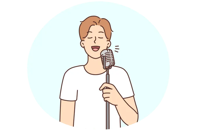Glücklicher junger Mann singt in Mikrofon auf der Bühne  Illustration