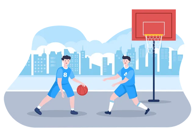 Glücklicher junger Mann spielt Basketball  Illustration