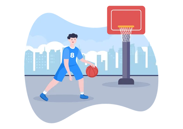 Glücklicher junger Mann spielt Basketball  Illustration