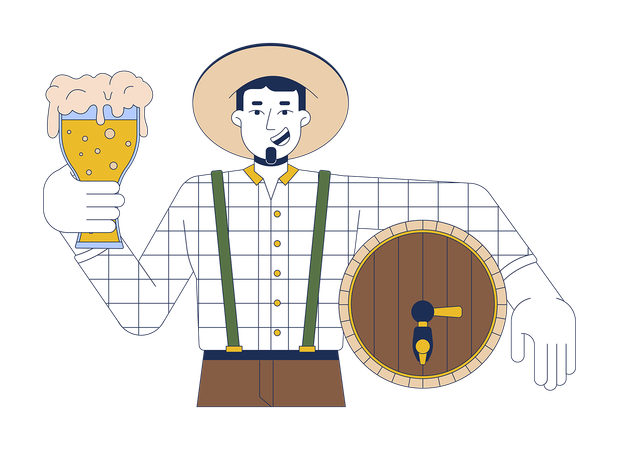 Glücklicher kaukasischer Mann mit Bier und Fass  Illustration