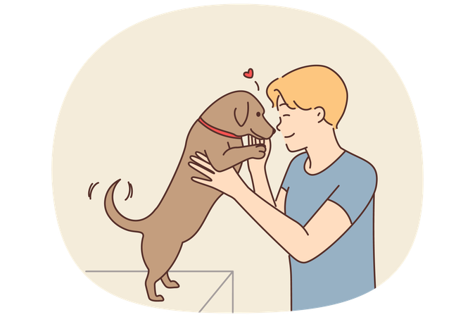 Glücklicher Kerl spielt mit kleinen Welpen im Haus  Illustration