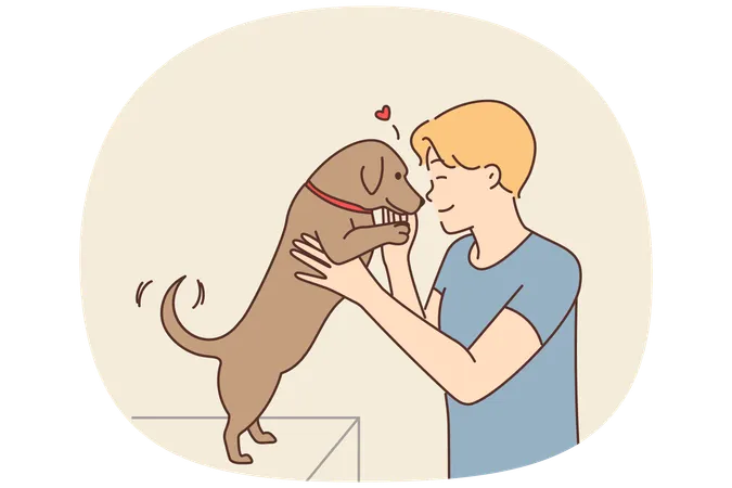 Glücklicher Kerl spielt mit kleinen Welpen im Haus  Illustration