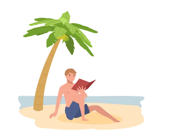 Glücklicher Mann am Strand beim Lesen eines Buches  Illustration