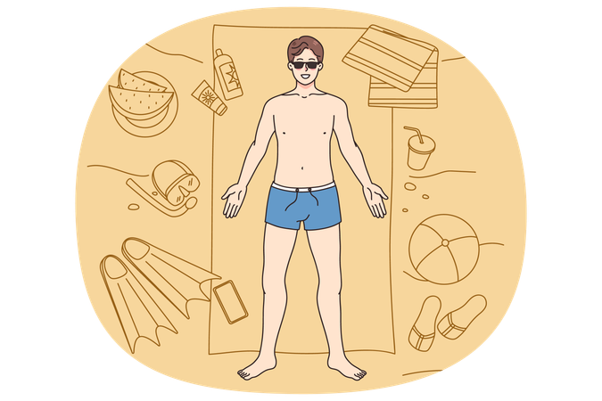 Glücklicher Mann, der am Strand liegt und die Sommerferien genießt  Illustration