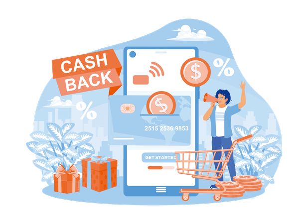 Glücklicher Mann erhält Cashback online  Illustration