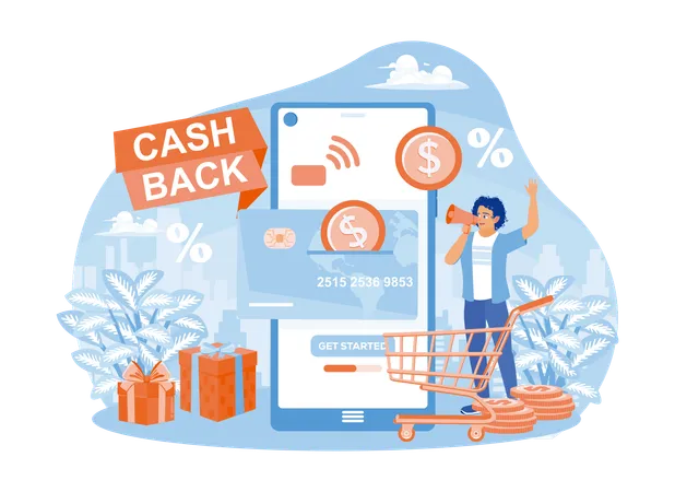 Glücklicher Mann erhält Cashback online  Illustration