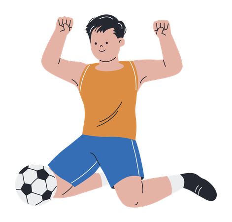 Glücklicher Mann-Football-Spieler sitzt auf dem Boden in der Nähe von Fußball  Illustration