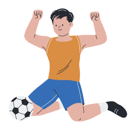 Glücklicher Mann-Football-Spieler sitzt auf dem Boden in der Nähe von Fußball  Illustration