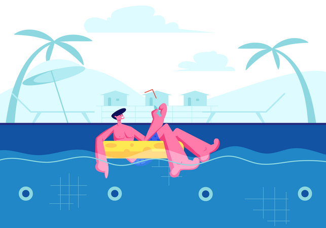 Glücklicher Mann genießt Cocktail und schwimmt auf aufblasbarem Ring im Swimmingpool  Illustration