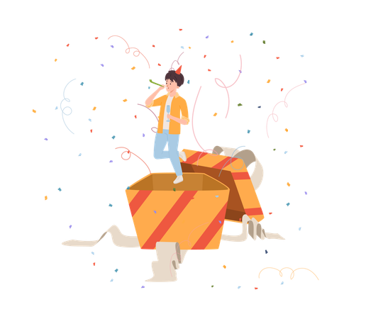 Glücklicher Mann mit Partyhorn springt aus Geschenkbox  Illustration