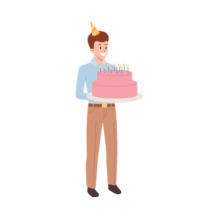Glücklicher Mann mit Partyhut hält großen Kuchen mit Kerzen  Illustration