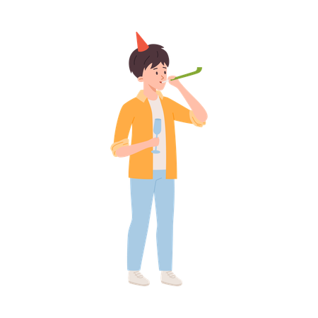 Glücklicher Mann mit Sektglas und Partyhorn  Illustration