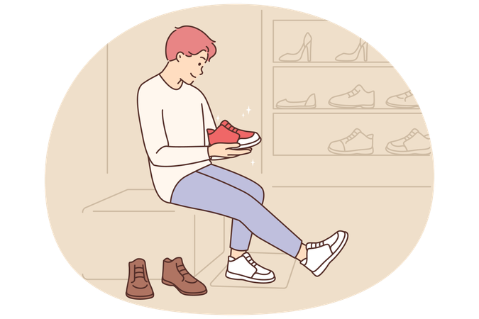 Glücklicher Mann probiert Schuhe im Modegeschäft  Illustration
