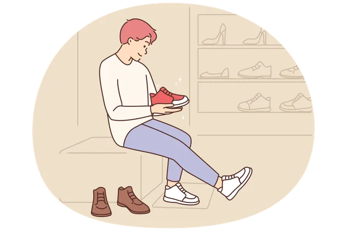 Glücklicher Mann probiert Schuhe im Modegeschäft  Illustration