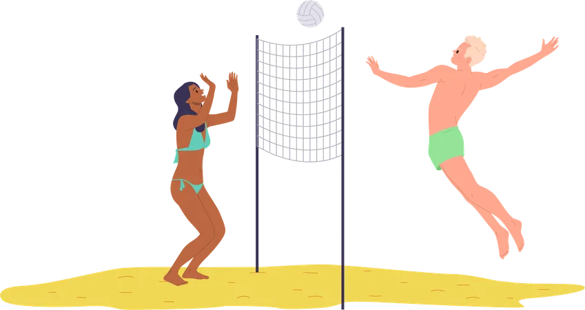 Glückliche Touristen und Touristinnen spielen an Sommerwochenenden Beachvolleyball  Illustration