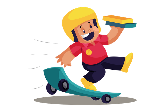 Glücklicher Pizzabote auf Skateboard  Illustration