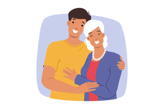Glücklicher Sohn umarmt lächelnde ältere Mutter  Illustration
