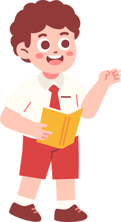 Fröhlicher Junge Student erklärt etwas, während er Buch hält  Illustration