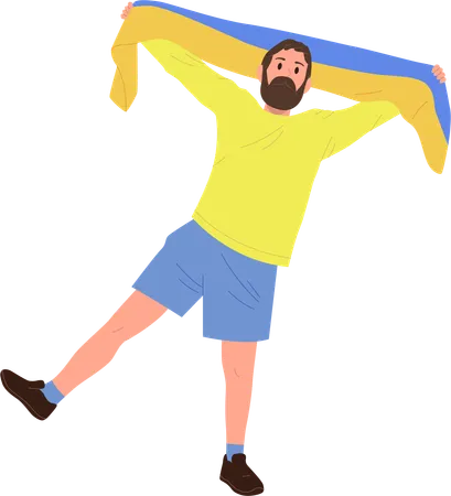 Fröhlicher ukrainischer Fan tanzt mit Freude und hält die zweifarbige Nationalflagge  Illustration