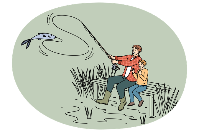Glücklicher Vater und Sohn angeln zusammen  Illustration