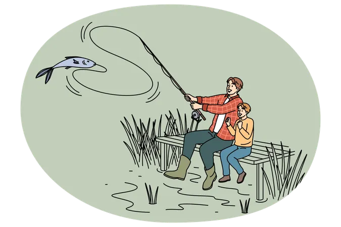 Glücklicher Vater und Sohn angeln zusammen  Illustration