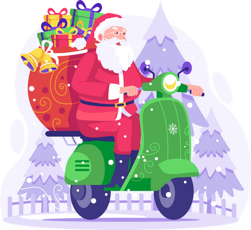 Glücklicher Weihnachtsmann mit Geschenkboxen, der auf einem Roller fährt, um am Weihnachtstag Geschenke auszuliefern  Illustration
