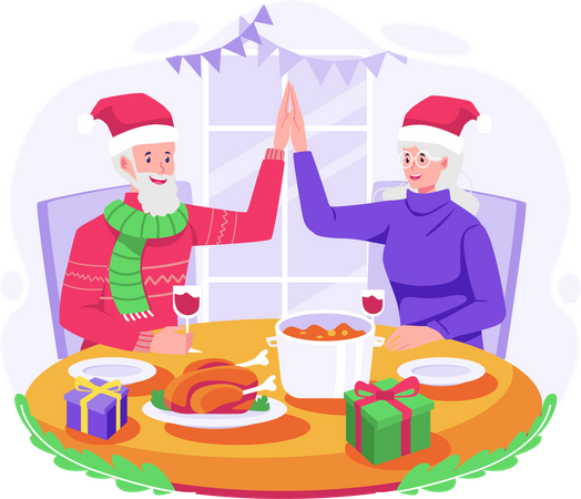 Glückliches altes Paar gibt High Five und feiert Weihnachten mit einem gemeinsamen Abendessen  Illustration