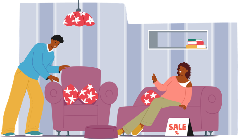 Glückliches Ehepaar, das im Geschäft Möbel für das Wohnzimmer auswählt  Illustration