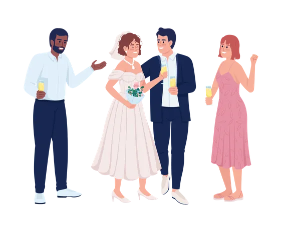 Glückliches Brautpaar mit Freunden  Illustration