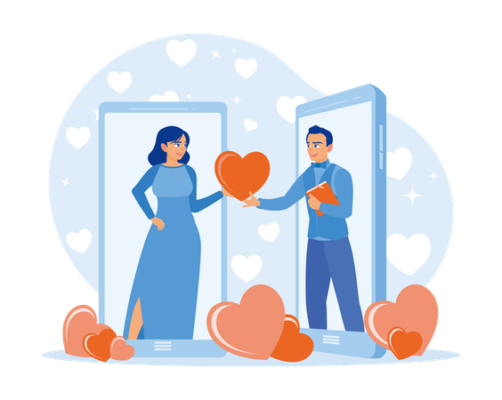 Glückliches junges Paar feiert Online-Valentinstag  Illustration