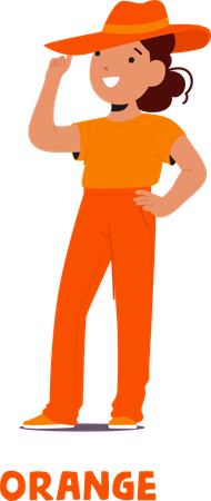 Glückliches Kind trägt leuchtend orange Kleidung und Hut strahlt Fröhlichkeit und Selbstvertrauen aus  Illustration