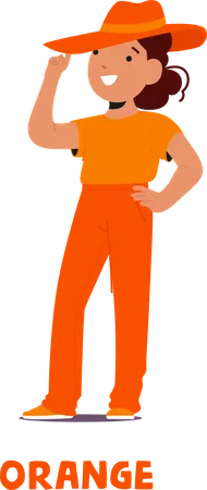 Glückliches Kind trägt leuchtend orange Kleidung und Hut strahlt Fröhlichkeit und Selbstvertrauen aus  Illustration