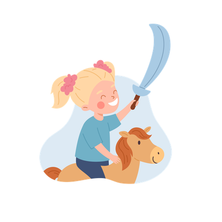 Glückliches Kind Mädchen mit Säbel Reitpferd Spielzeug  Illustration