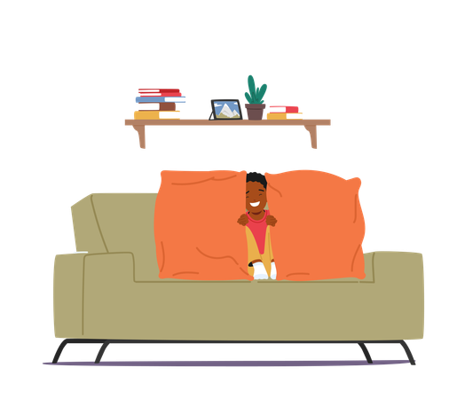 Glückliches Kind spielt Verstecken auf gemütlicher Couch mit leuchtend orangefarbenen Kissen  Illustration